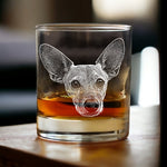 a dog with big ears engraved into a whiskey glass, your pet etched