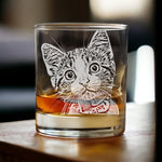 cat engraved into a whiskey glass, your pet etched